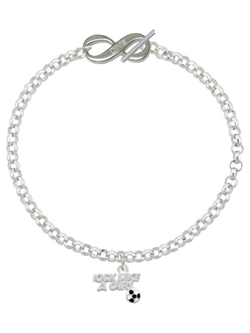 Silver Plated Kick Like a Girl with Enamel Soccer Ball - Custom Engraved Infinity Toggle Bracelet: Personalized Jewelry Gift - Names, Initials, Dates, Bible Verses