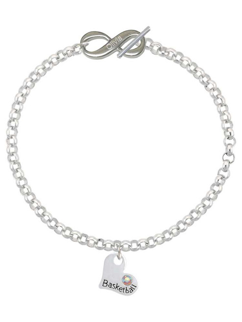 Heart with ''Basketball'' and AB Crystal - Custom Engraved Infinity Toggle Bracelet: Personalized Jewelry Gift - Names, Initials, Dates, Bible Verses