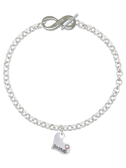 Heart with ''Baseball'' and AB Crystal - Custom Engraved Infinity Toggle Bracelet: Personalized Jewelry Gift - Names, Initials, Dates, Bible Verses