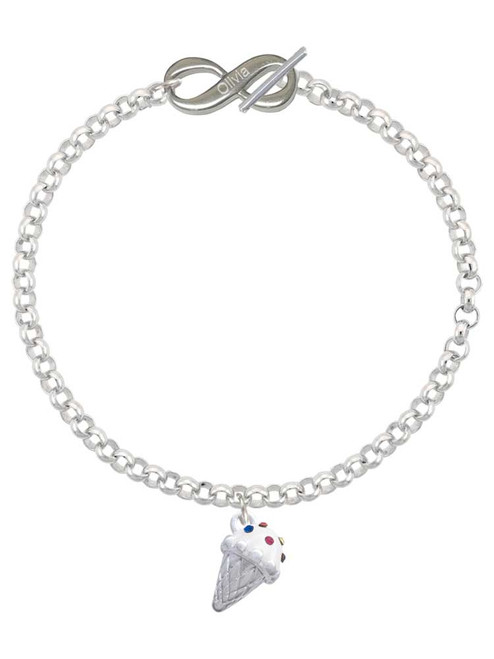 3-D Vanilla Ice Cream Cone with Crystal Sprinkles - Custom Engraved Infinity Toggle Bracelet: Personalized Jewelry Gift - Names, Initials, Dates, Bible Verses