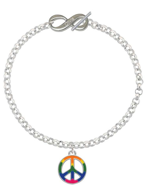 Silver Plated Large Rainbow Colored Peace Sign - Custom Engraved Infinity Toggle Bracelet: Personalized Jewelry Gift - Names, Initials, Dates, Bible Verses