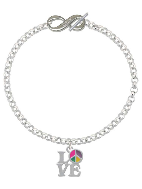 Silver Plated Love with Multicolored Peace Sign - Custom Engraved Infinity Toggle Bracelet: Personalized Jewelry Gift - Names, Initials, Dates, Bible Verses