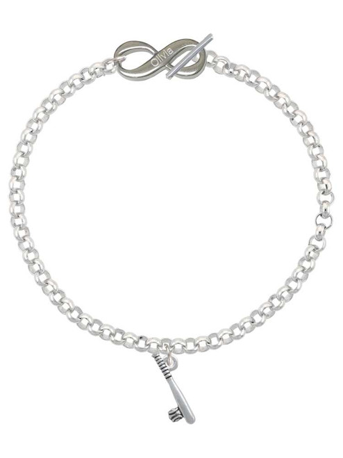 Silver Plated Baseball Bat and Ball - Custom Engraved Infinity Toggle Bracelet: Personalized Jewelry Gift - Names, Initials, Dates, Bible Verses