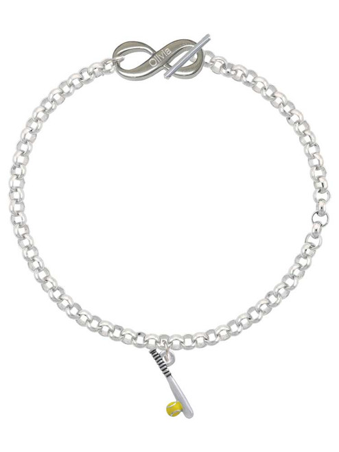 Silver Plated Enamel Softball and Bat - Custom Engraved Infinity Toggle Bracelet: Personalized Jewelry Gift - Names, Initials, Dates, Bible Verses