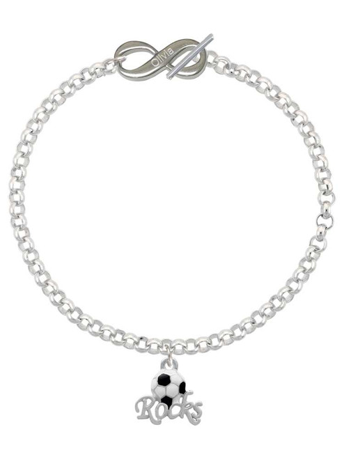 Silver Plated Enamel Soccer ball ''Rocks'' - Custom Engraved Infinity Toggle Bracelet: Personalized Jewelry Gift - Names, Initials, Dates, Bible Verses