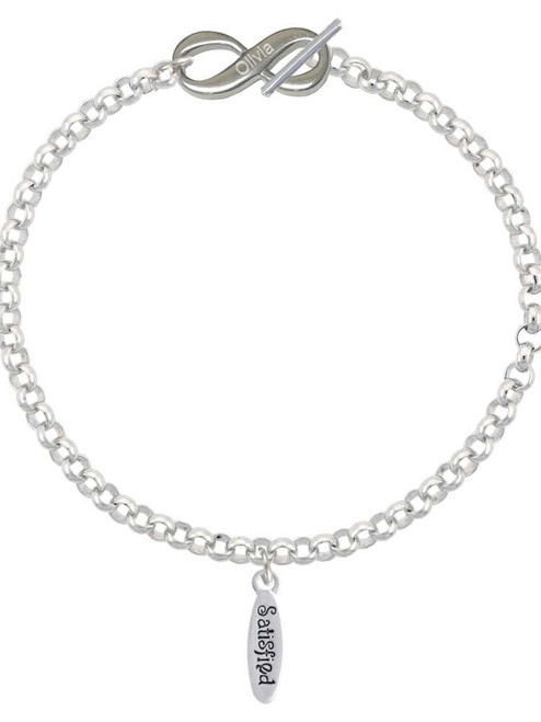 Silver Plated Satisfied Oval - Custom Engraved Infinity Toggle Bracelet: Personalized Jewelry Gift - Names, Initials, Dates, Bible Verses