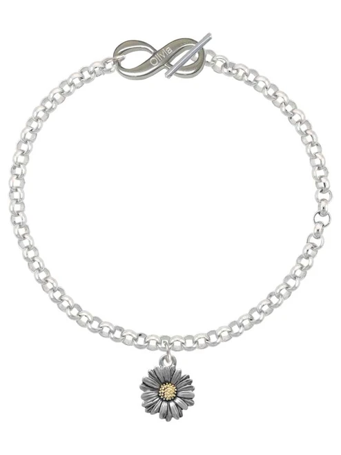 Two-tone Daisy Flower - Custom Engraved Infinity Toggle Bracelet: Personalized Jewelry Gift - Names, Initials, Dates, Bible Verses