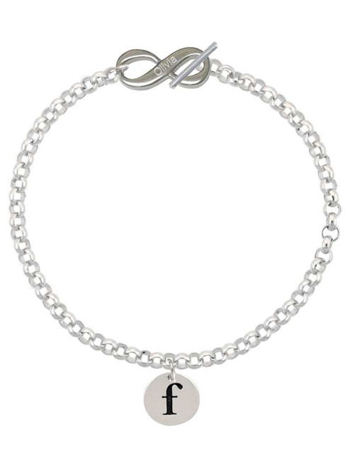 Silver Plated Disc Initial - f - Custom Engraved Infinity Toggle Bracelet: Personalized Jewelry Gift - Names, Initials, Dates, Bible Verses