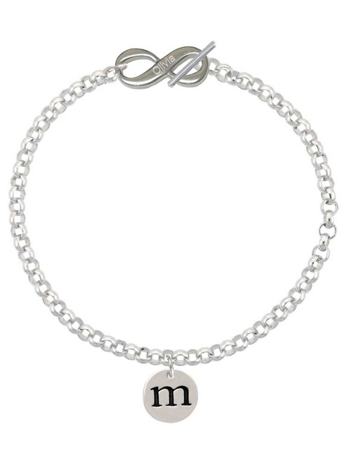 Silver Plated Disc Initial - m - Custom Engraved Infinity Toggle Bracelet: Personalized Jewelry Gift - Names, Initials, Dates, Bible Verses