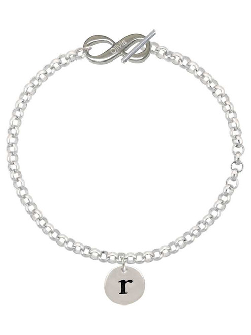 Silver Plated Disc Initial - r - Custom Engraved Infinity Toggle Bracelet: Personalized Jewelry Gift - Names, Initials, Dates, Bible Verses