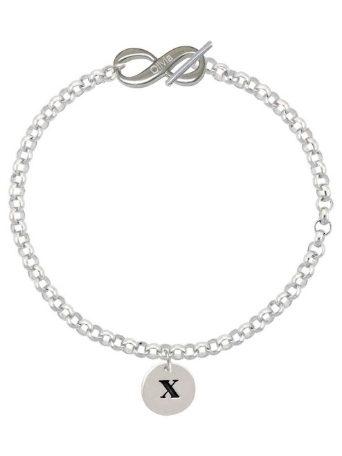 Silver Plated Disc Initial - x - Custom Engraved Infinity Toggle Bracelet: Personalized Jewelry Gift - Names, Initials, Dates, Bible Verses