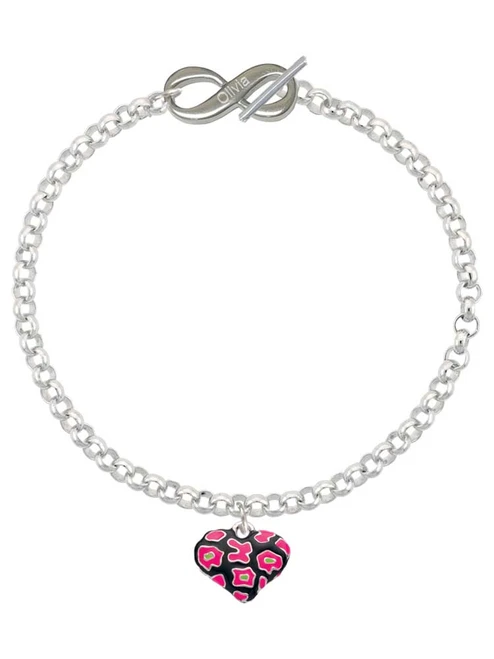 Silver Plated Hot Pink Cheetah Print Heart - Custom Engraved Infinity Toggle Bracelet: Personalized Jewelry Gift - Names, Initials, Dates, Bible Verses
