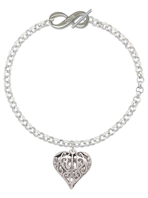 Silver Plated Large Open Filigree Heart - Custom Engraved Infinity Toggle Bracelet: Personalized Jewelry Gift - Names, Initials, Dates, Bible Verses
