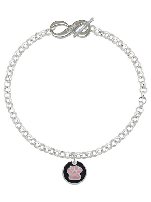 Silver Plated Pink Paw on Black Disc - Custom Engraved Infinity Toggle Bracelet: Personalized Jewelry Gift - Names, Initials, Dates, Bible Verses