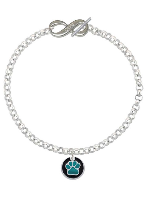 Silver Plated Teal Paw on Black Disc - Custom Engraved Infinity Toggle Bracelet: Personalized Jewelry Gift - Names, Initials, Dates, Bible Verses