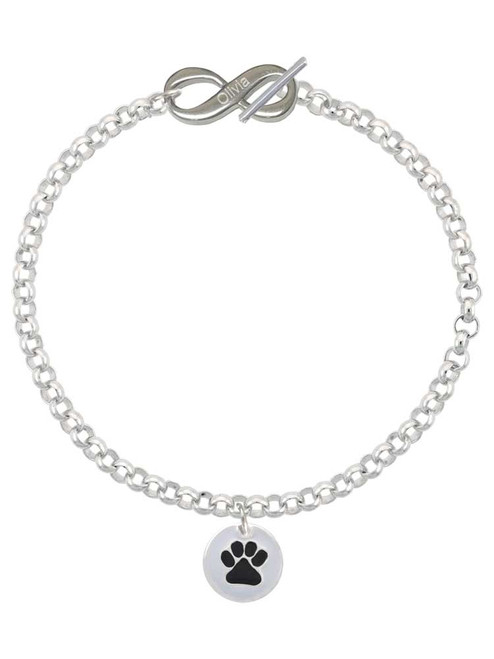 Silver Plated Black Paw on White Disc - Custom Engraved Infinity Toggle Bracelet: Personalized Jewelry Gift - Names, Initials, Dates, Bible Verses
