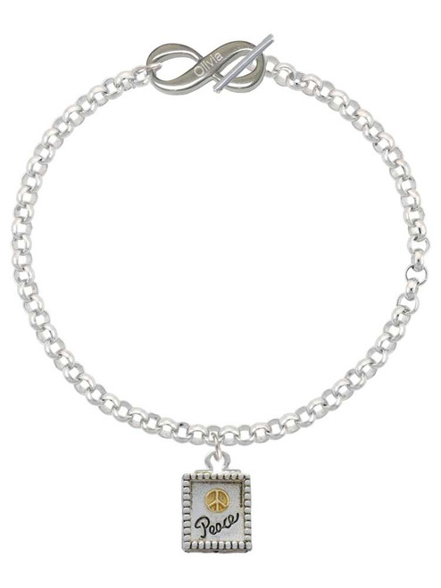 Two-tone Shadow Box ''Peace'' with Peace Sign - Custom Engraved Infinity Toggle Bracelet: Personalized Jewelry Gift - Names, Initials, Dates, Bible Verses