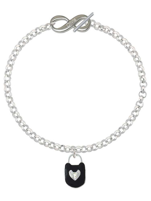 Silver Plated Black Enamel Lock with Clear Crystals - Custom Engraved Infinity Toggle Bracelet: Personalized Jewelry Gift - Names, Initials, Dates, Bible Verses