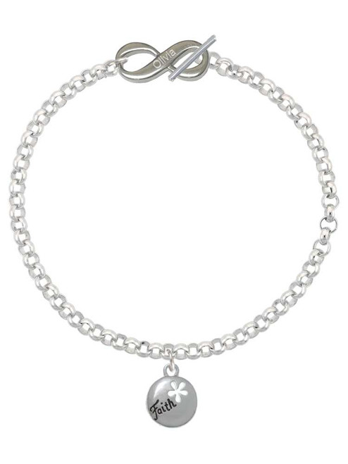 Silver Plated Faith Disc with Cutout Flower - Custom Engraved Infinity Toggle Bracelet: Personalized Jewelry Gift - Names, Initials, Dates, Bible Verses