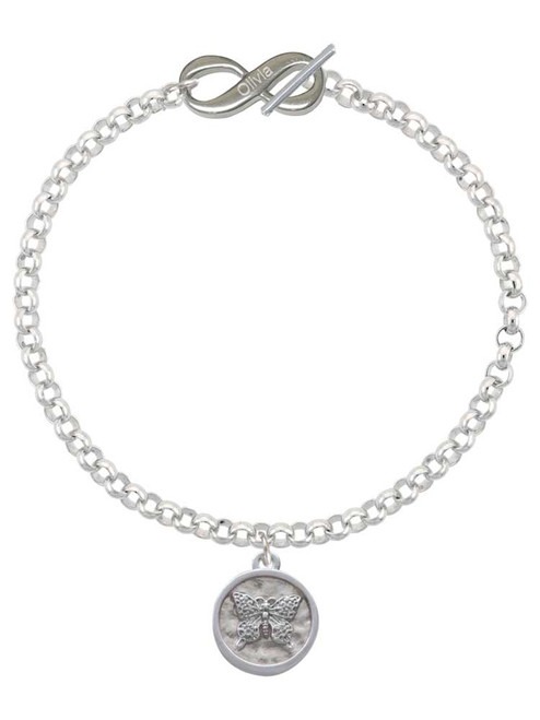 Silver Plated Butterfly - Round Seal - Custom Engraved Infinity Toggle Bracelet: Personalized Jewelry Gift - Names, Initials, Dates, Bible Verses