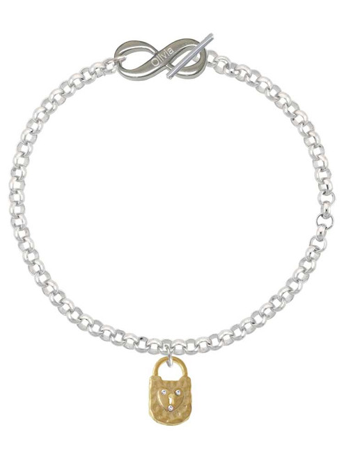 Gold-tone Hammered Lock with Heart Crystals - Custom Engraved Infinity Toggle Bracelet: Personalized Jewelry Gift - Names, Initials, Dates, Bible Verses
