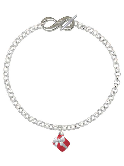 Silver Plated Small 3-D Red Present Box with Bow - Custom Engraved Infinity Toggle Bracelet: Personalized Jewelry Gift - Names, Initials, Dates, Bible Verses