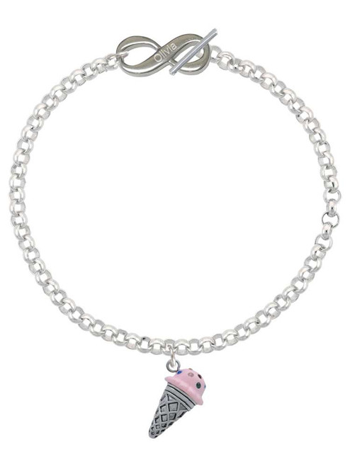 Silver Plated 3-D Resin Strawberry Ice Cream Cone with Crystals - Custom Engraved Infinity Toggle Bracelet: Personalized Jewelry Gift - Names, Initials, Dates, Bible Verses