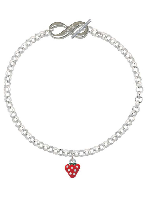 Silver Plated Mini Red Strawberry with Clear Crystals - Custom Engraved Infinity Toggle Bracelet: Personalized Jewelry Gift - Names, Initials, Dates, Bible Verses
