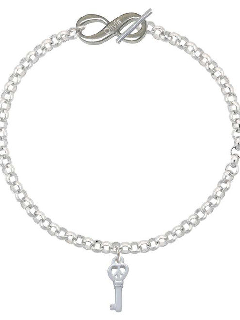 Silver Plated Mini Open Peace Heart Key - Custom Engraved Infinity Toggle Bracelet: Personalized Jewelry Gift - Names, Initials, Dates, Bible Verses