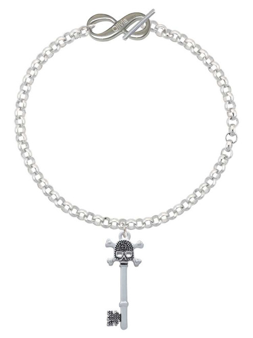 Silver Plated Antiqued Beaded Skull Key - Custom Engraved Infinity Toggle Bracelet: Personalized Jewelry Gift - Names, Initials, Dates, Bible Verses