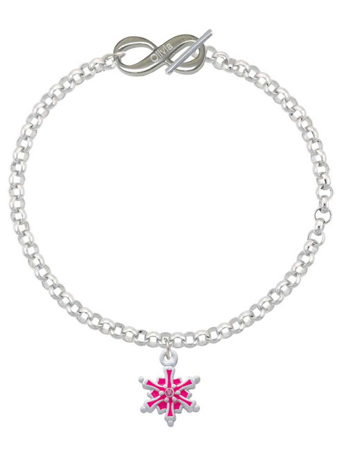Hot Pink Snowflake with Hot Pink Crystal - Custom Engraved Infinity Toggle Bracelet: Personalized Jewelry Gift - Names, Initials, Dates, Bible Verses