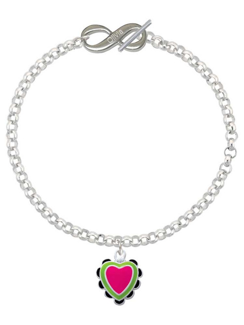 Silver Plated Hot Pink & Lime Green Heart with Black Ruffles - Custom Engraved Infinity Toggle Bracelet: Personalized Jewelry Gift - Names, Initials, Dates, Bible Verses