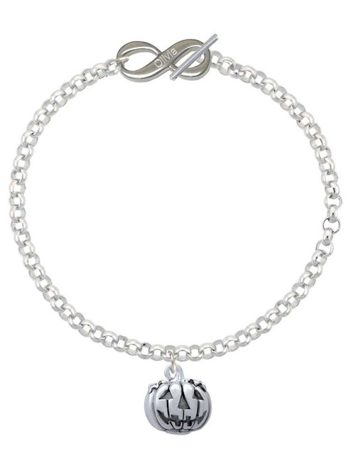 Silver Plated 3-D Large Jack O' Lantern with Leaves - Custom Engraved Infinity Toggle Bracelet: Personalized Jewelry Gift - Names, Initials, Dates, Bible Verses