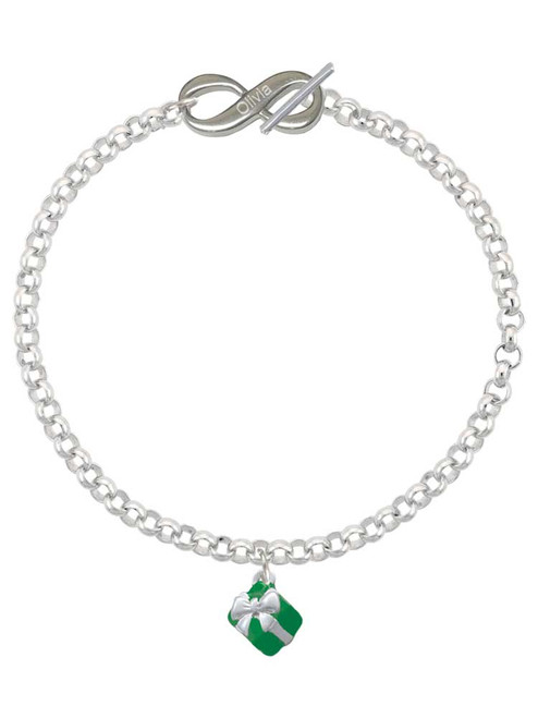 Silver Plated Small 3-D Green Present with Bow - Custom Engraved Infinity Toggle Bracelet: Personalized Jewelry Gift - Names, Initials, Dates, Bible Verses