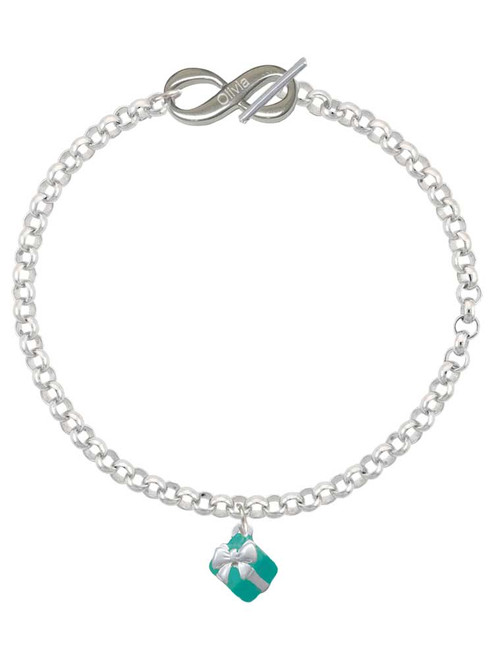 Silver Plated Small 3-D Teal Present with Bow - Custom Engraved Infinity Toggle Bracelet: Personalized Jewelry Gift - Names, Initials, Dates, Bible Verses