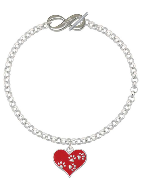 Silver Plated Red Enamel Heart with Paw Prints - Custom Engraved Infinity Toggle Bracelet: Personalized Jewelry Gift - Names, Initials, Dates, Bible Verses
