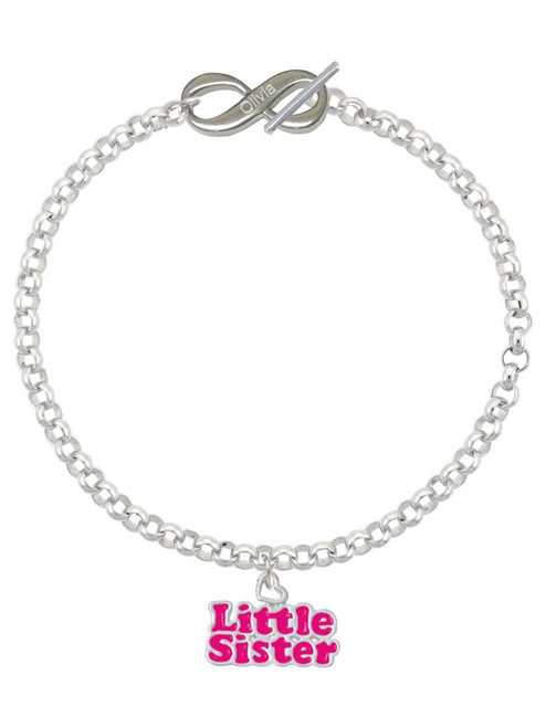 Hot Pink ''Little Sister'' with Heart - Custom Engraved Infinity Toggle Bracelet: Personalized Jewelry Gift - Names, Initials, Dates, Bible Verses