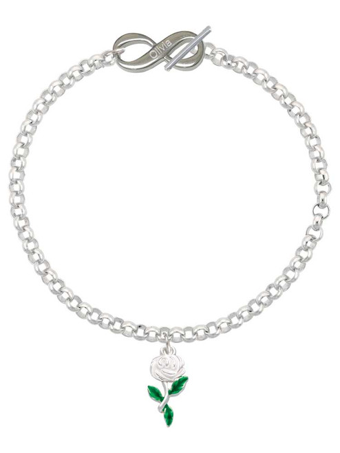 Silver Plated White Rose Flower - Custom Engraved Infinity Toggle Bracelet: Personalized Jewelry Gift - Names, Initials, Dates, Bible Verses