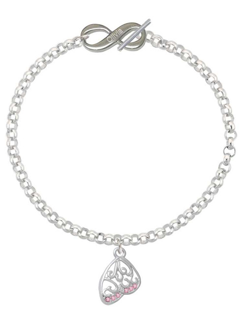 Silver Plated Open Pink Crystal Butterfly Wing - Custom Engraved Infinity Toggle Bracelet: Personalized Jewelry Gift - Names, Initials, Dates, Bible Verses
