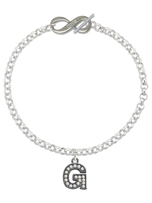 Black Nickeltone Crystal Initial - G - Beaded Border - Custom Engraved Infinity Toggle Bracelet: Personalized Jewelry Gift - Names, Initials, Dates, Bible Verses