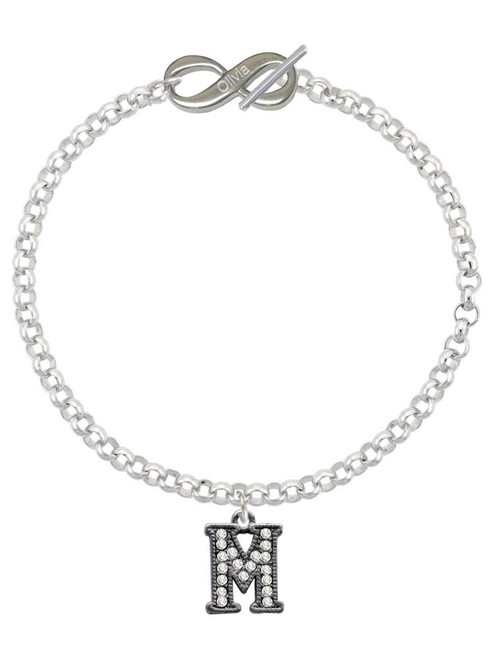 Black Nickeltone Crystal Initial - M - Beaded Border - Custom Engraved Infinity Toggle Bracelet: Personalized Jewelry Gift - Names, Initials, Dates, Bible Verses