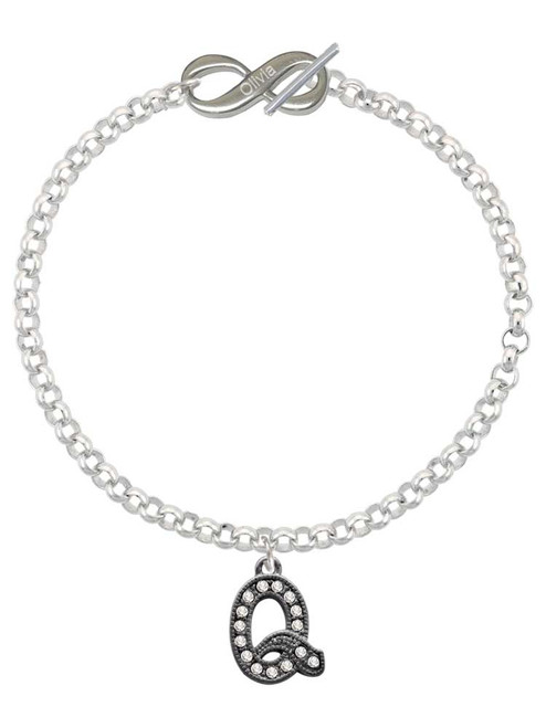 Black Nickeltone Crystal Initial - Q - Beaded Border - Custom Engraved Infinity Toggle Bracelet: Personalized Jewelry Gift - Names, Initials, Dates, Bible Verses