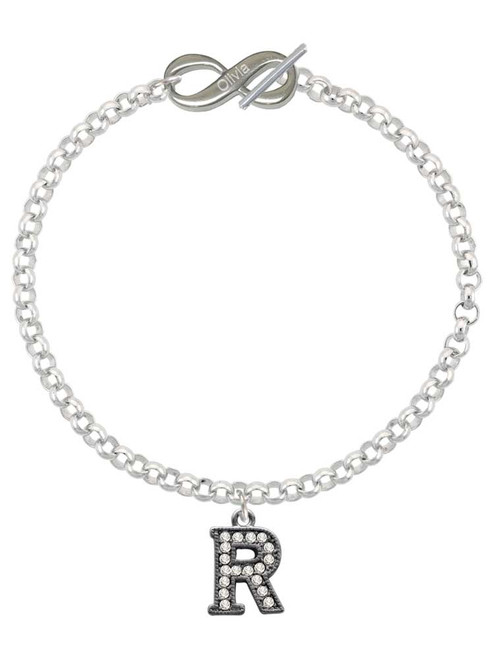 Black Nickeltone Crystal Initial - R - Beaded Border - Custom Engraved Infinity Toggle Bracelet: Personalized Jewelry Gift - Names, Initials, Dates, Bible Verses