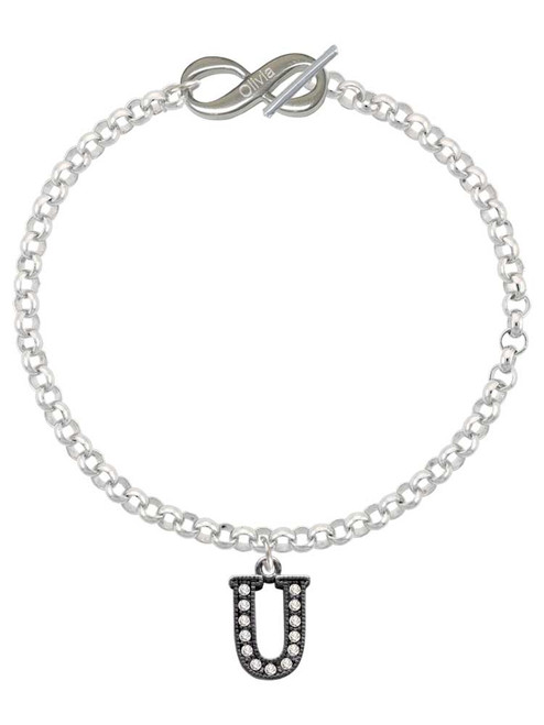 Black Nickeltone Crystal Initial - U - Beaded Border - Custom Engraved Infinity Toggle Bracelet: Personalized Jewelry Gift - Names, Initials, Dates, Bible Verses