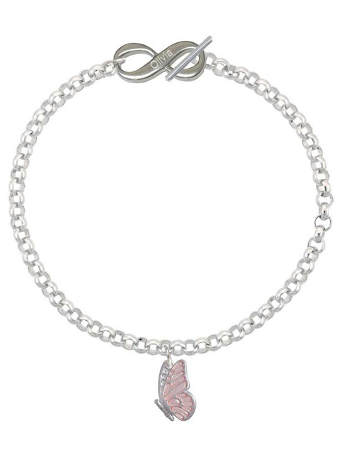 Silver Plated Translucent Pink Flying Butterfly - Custom Engraved Infinity Toggle Bracelet: Personalized Jewelry Gift - Names, Initials, Dates, Bible Verses