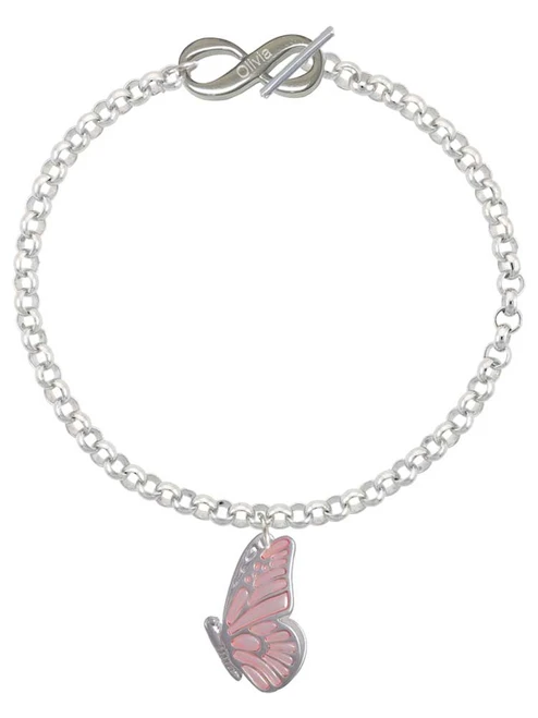 Silver Plated Large Translucent Pink Flying Butterfly - Custom Engraved Infinity Toggle Bracelet: Personalized Jewelry Gift - Names, Initials, Dates, Bible Verses