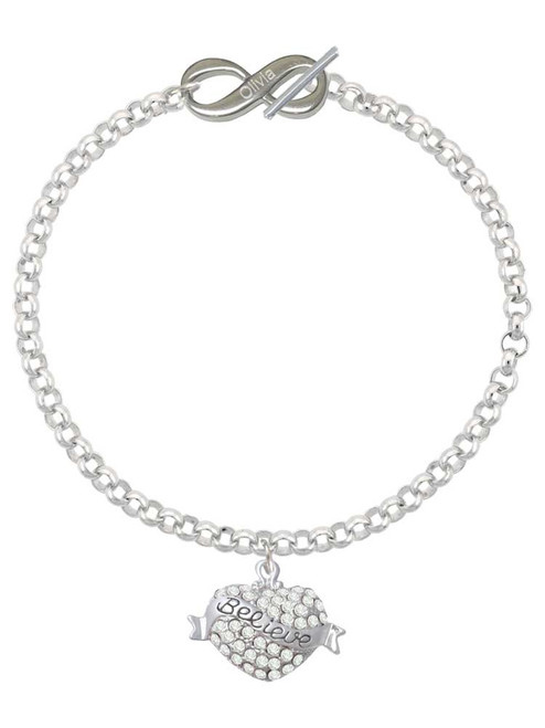 Silver Plated Believe Banner on Clear Crystal Heart - Custom Engraved Infinity Toggle Bracelet: Personalized Jewelry Gift - Names, Initials, Dates, Bible Verses