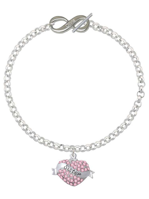 Silver Plated Sister Banner on Pink Crystal Heart - Custom Engraved Infinity Toggle Bracelet: Personalized Jewelry Gift - Names, Initials, Dates, Bible Verses