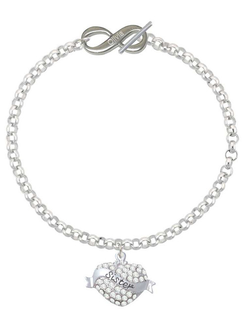 Silver Plated Sister Banner on Clear Crystal Heart - Custom Engraved Infinity Toggle Bracelet: Personalized Jewelry Gift - Names, Initials, Dates, Bible Verses