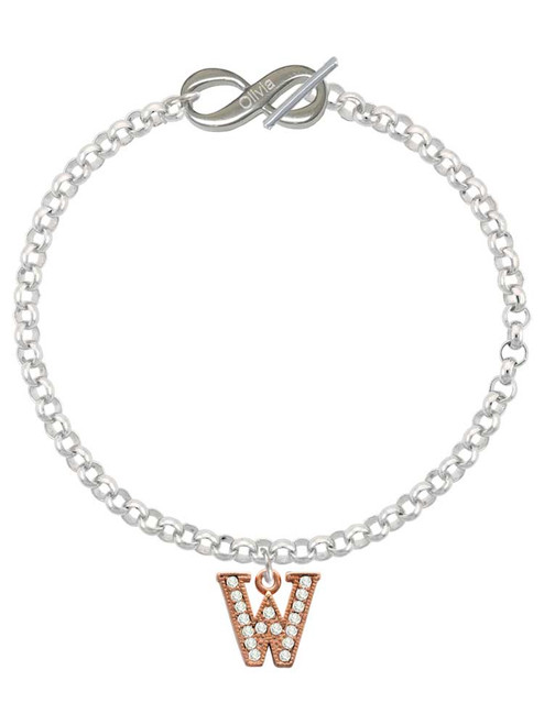 Rose Gold-tone Crystal Initial - W - Custom Engraved Infinity Toggle Bracelet: Personalized Jewelry Gift - Names, Initials, Dates, Bible Verses